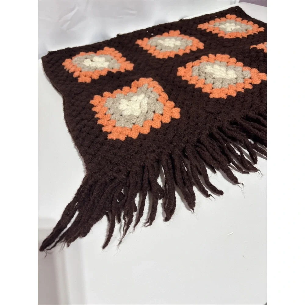 Vtg‎ Handmade Crochet Granny Square Afghan Blanket Throw Orange Brown 46X27